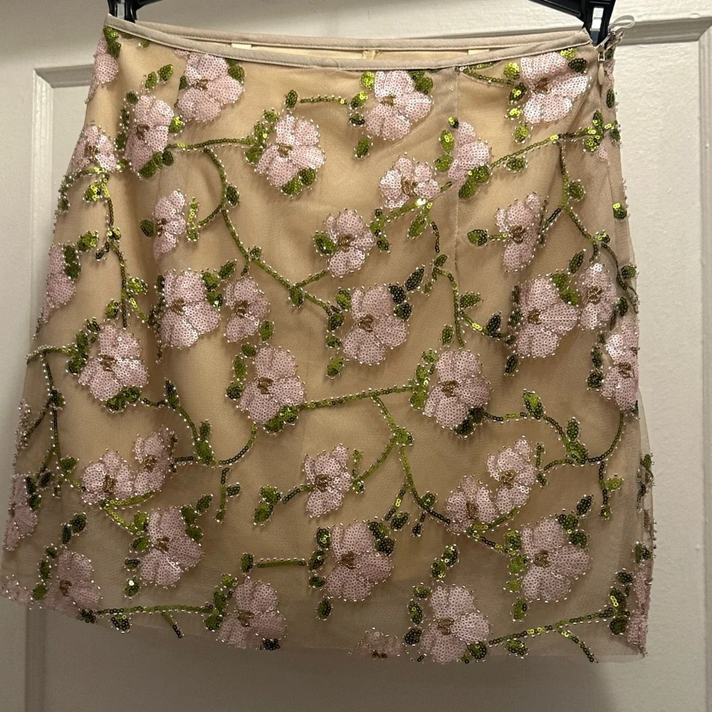 Elegant Floral Embroidered Skirt Set in Cream, Green and Pink